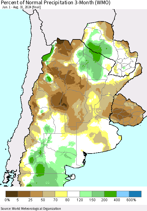 Southern South America Percent of Normal Precipitation 3-Month (WMO) Thematic Map For 6/1/2024 - 8/31/2024