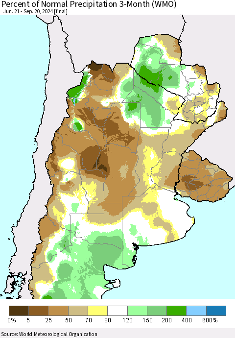 Southern South America Percent of Normal Precipitation 3-Month (WMO) Thematic Map For 6/21/2024 - 9/20/2024