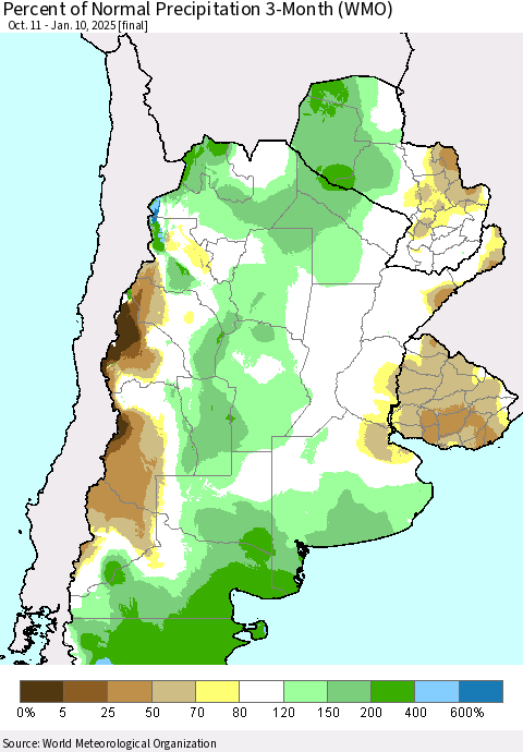 Southern South America Percent of Normal Precipitation 3-Month (WMO) Thematic Map For 10/11/2024 - 1/10/2025