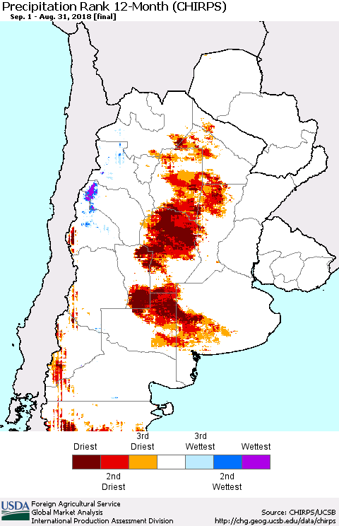 Southern South America Precipitation Rank since 1981, 12-Month (CHIRPS) Thematic Map For 9/1/2017 - 8/31/2018