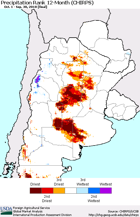 Southern South America Precipitation Rank since 1981, 12-Month (CHIRPS) Thematic Map For 10/1/2017 - 9/30/2018