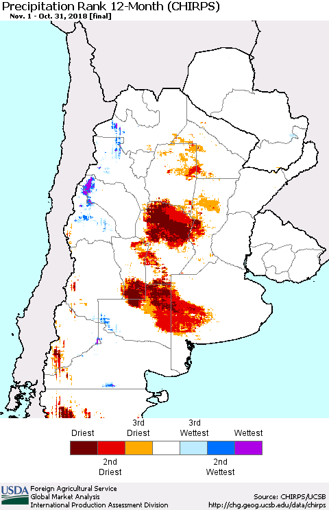 Southern South America Precipitation Rank since 1981, 12-Month (CHIRPS) Thematic Map For 11/1/2017 - 10/31/2018