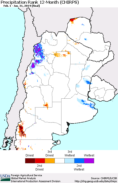 Southern South America Precipitation Rank since 1981, 12-Month (CHIRPS) Thematic Map For 2/1/2018 - 1/31/2019