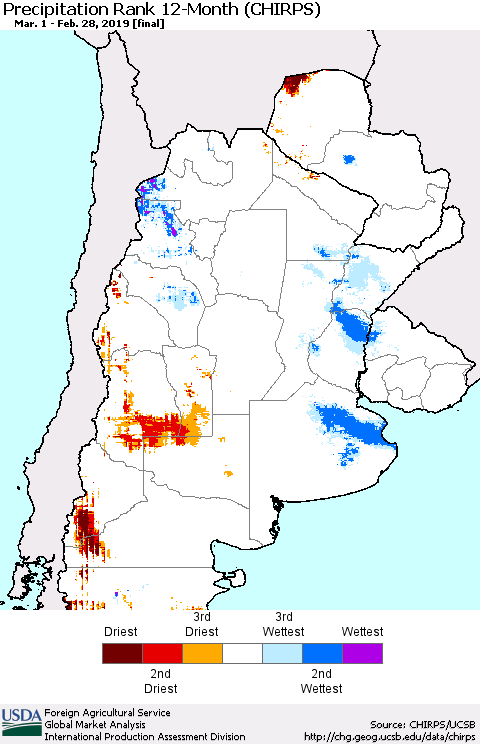 Southern South America Precipitation Rank since 1981, 12-Month (CHIRPS) Thematic Map For 3/1/2018 - 2/28/2019