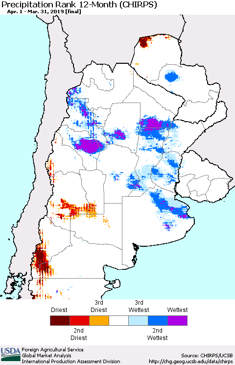 Southern South America Precipitation Rank since 1981, 12-Month (CHIRPS) Thematic Map For 4/1/2018 - 3/31/2019