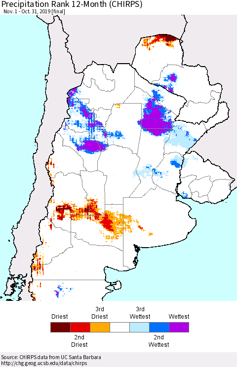 Southern South America Precipitation Rank since 1981, 12-Month (CHIRPS) Thematic Map For 11/1/2018 - 10/31/2019