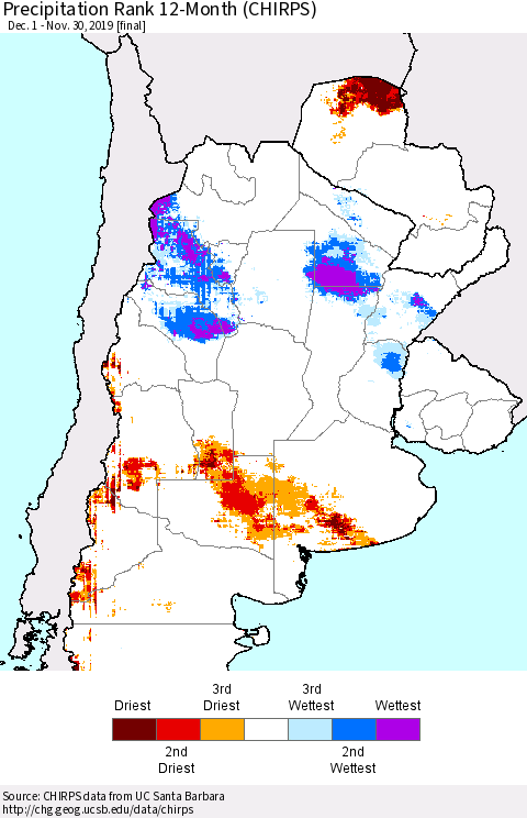 Southern South America Precipitation Rank since 1981, 12-Month (CHIRPS) Thematic Map For 12/1/2018 - 11/30/2019