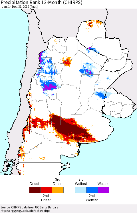 Southern South America Precipitation Rank since 1981, 12-Month (CHIRPS) Thematic Map For 1/1/2019 - 12/31/2019