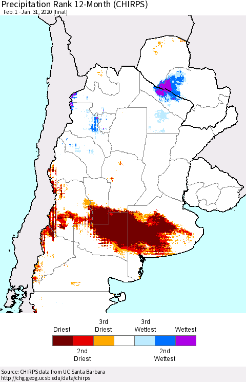 Southern South America Precipitation Rank since 1981, 12-Month (CHIRPS) Thematic Map For 2/1/2019 - 1/31/2020
