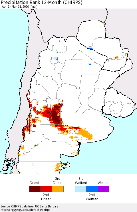 Southern South America Precipitation Rank since 1981, 12-Month (CHIRPS) Thematic Map For 4/1/2019 - 3/31/2020