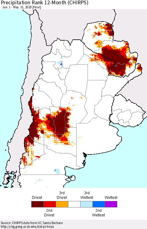 Southern South America Precipitation Rank since 1981, 12-Month (CHIRPS) Thematic Map For 6/1/2019 - 5/31/2020