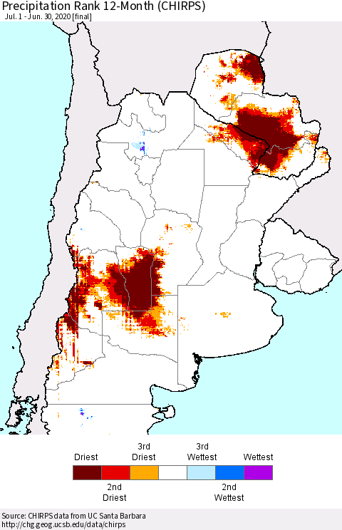 Southern South America Precipitation Rank since 1981, 12-Month (CHIRPS) Thematic Map For 7/1/2019 - 6/30/2020