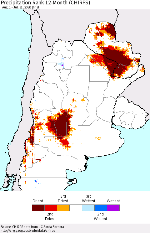 Southern South America Precipitation Rank since 1981, 12-Month (CHIRPS) Thematic Map For 8/1/2019 - 7/31/2020