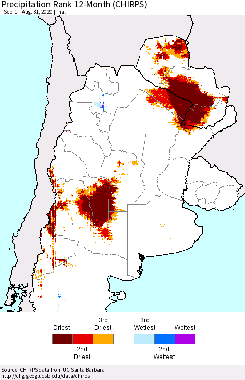 Southern South America Precipitation Rank since 1981, 12-Month (CHIRPS) Thematic Map For 9/1/2019 - 8/31/2020