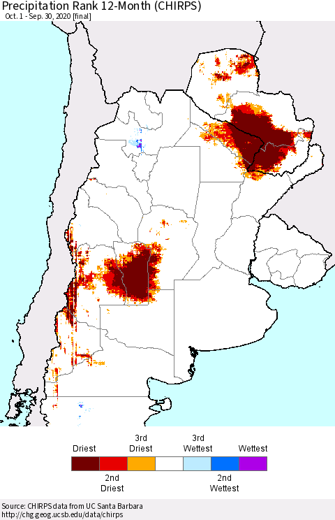 Southern South America Precipitation Rank since 1981, 12-Month (CHIRPS) Thematic Map For 10/1/2019 - 9/30/2020