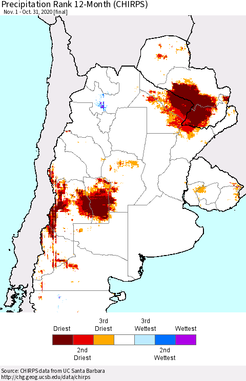 Southern South America Precipitation Rank since 1981, 12-Month (CHIRPS) Thematic Map For 11/1/2019 - 10/31/2020