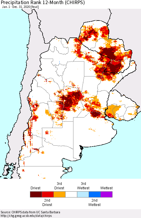 Southern South America Precipitation Rank since 1981, 12-Month (CHIRPS) Thematic Map For 1/1/2020 - 12/31/2020