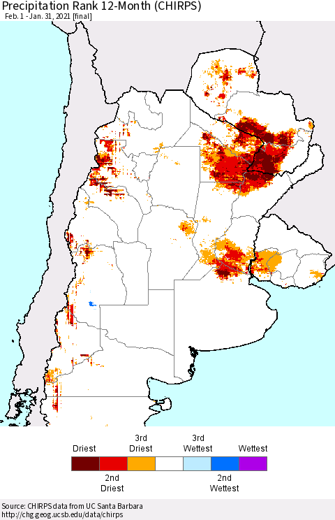 Southern South America Precipitation Rank since 1981, 12-Month (CHIRPS) Thematic Map For 2/1/2020 - 1/31/2021