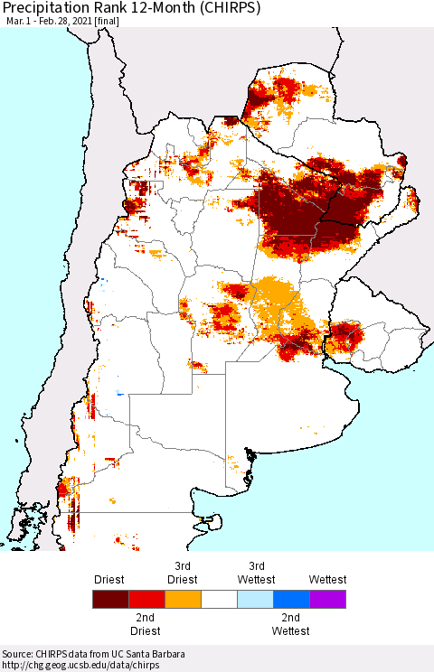 Southern South America Precipitation Rank since 1981, 12-Month (CHIRPS) Thematic Map For 3/1/2020 - 2/28/2021