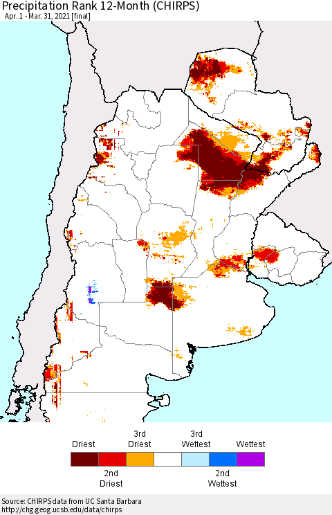 Southern South America Precipitation Rank since 1981, 12-Month (CHIRPS) Thematic Map For 4/1/2020 - 3/31/2021