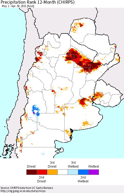 Southern South America Precipitation Rank since 1981, 12-Month (CHIRPS) Thematic Map For 5/1/2020 - 4/30/2021