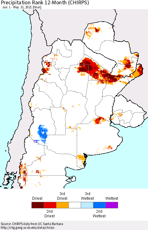 Southern South America Precipitation Rank since 1981, 12-Month (CHIRPS) Thematic Map For 6/1/2020 - 5/31/2021