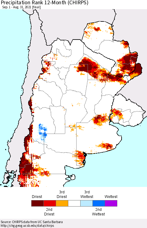 Southern South America Precipitation Rank 12-Month (CHIRPS) Thematic Map For 9/1/2020 - 8/31/2021