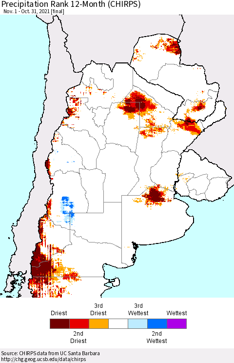 Southern South America Precipitation Rank 12-Month (CHIRPS) Thematic Map For 11/1/2020 - 10/31/2021
