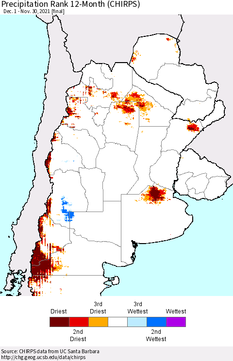 Southern South America Precipitation Rank 12-Month (CHIRPS) Thematic Map For 12/1/2020 - 11/30/2021
