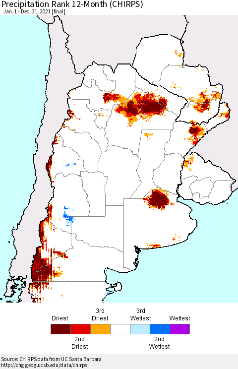 Southern South America Precipitation Rank 12-Month (CHIRPS) Thematic Map For 1/1/2021 - 12/31/2021