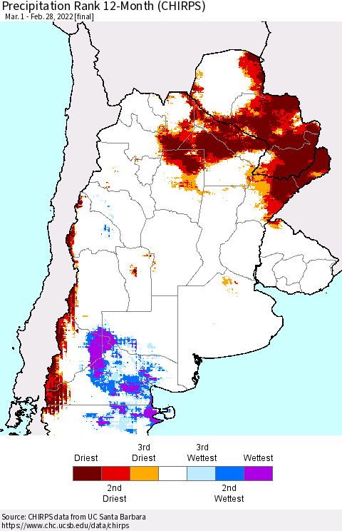 Southern South America Precipitation Rank 12-Month (CHIRPS) Thematic Map For 3/1/2021 - 2/28/2022