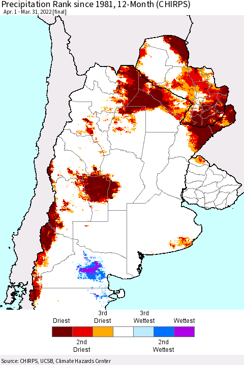 Southern South America Precipitation Rank since 1981, 12-Month (CHIRPS) Thematic Map For 4/1/2021 - 3/31/2022