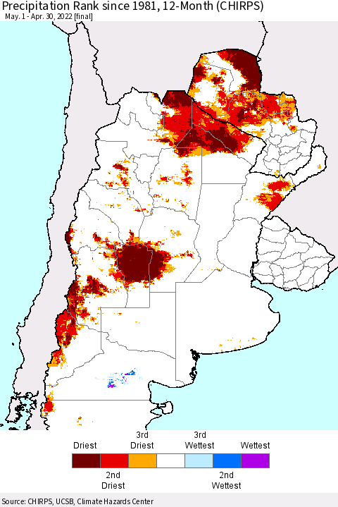 Southern South America Precipitation Rank since 1981, 12-Month (CHIRPS) Thematic Map For 5/1/2021 - 4/30/2022