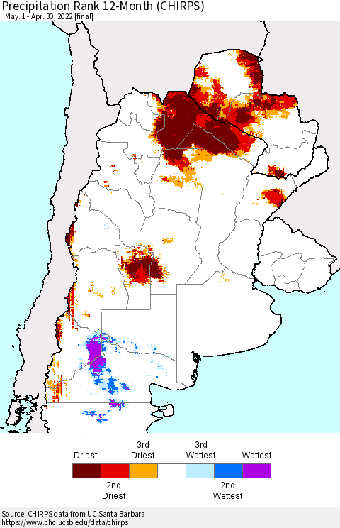 Southern South America Precipitation Rank 12-Month (CHIRPS) Thematic Map For 5/1/2021 - 4/30/2022