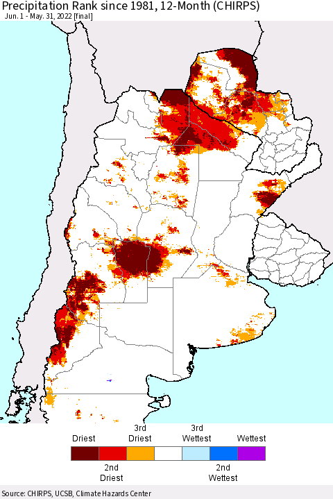 Southern South America Precipitation Rank since 1981, 12-Month (CHIRPS) Thematic Map For 6/1/2021 - 5/31/2022