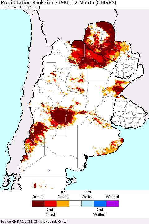 Southern South America Precipitation Rank since 1981, 12-Month (CHIRPS) Thematic Map For 7/1/2021 - 6/30/2022