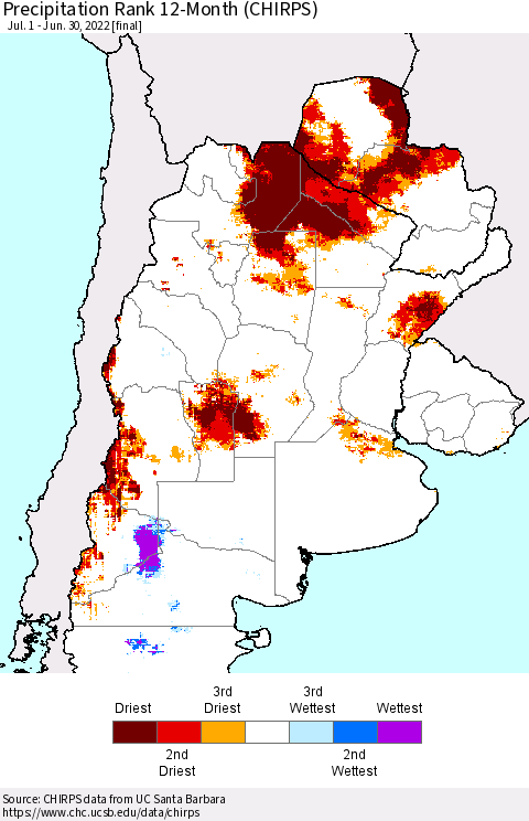 Southern South America Precipitation Rank 12-Month (CHIRPS) Thematic Map For 7/1/2021 - 6/30/2022
