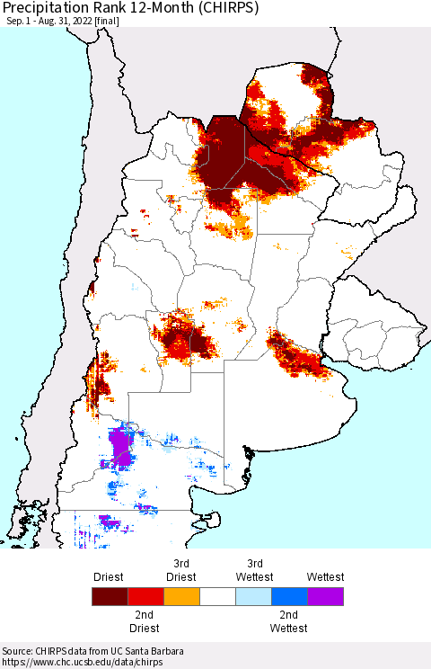 Southern South America Precipitation Rank since 1981, 12-Month (CHIRPS) Thematic Map For 9/1/2021 - 8/31/2022