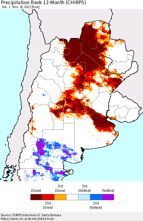Southern South America Precipitation Rank since 1981, 12-Month (CHIRPS) Thematic Map For 12/1/2021 - 11/30/2022