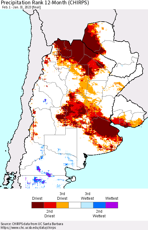 Southern South America Precipitation Rank since 1981, 12-Month (CHIRPS) Thematic Map For 2/1/2022 - 1/31/2023