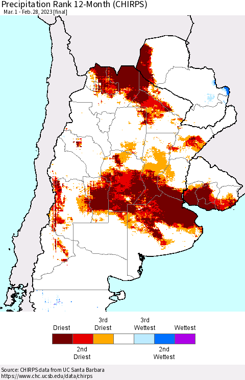 Southern South America Precipitation Rank since 1981, 12-Month (CHIRPS) Thematic Map For 3/1/2022 - 2/28/2023