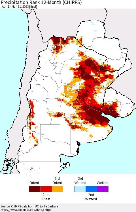 Southern South America Precipitation Rank since 1981, 12-Month (CHIRPS) Thematic Map For 4/1/2022 - 3/31/2023