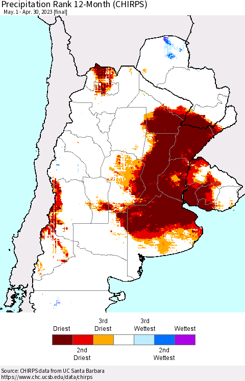 Southern South America Precipitation Rank since 1981, 12-Month (CHIRPS) Thematic Map For 5/1/2022 - 4/30/2023