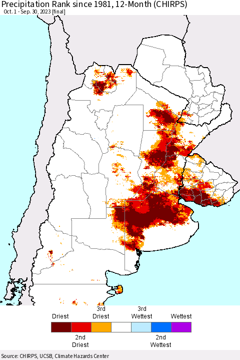 Southern South America Precipitation Rank since 1981, 12-Month (CHIRPS) Thematic Map For 10/1/2022 - 9/30/2023