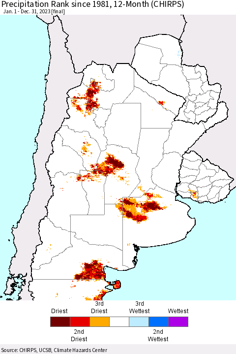 Southern South America Precipitation Rank since 1981, 12-Month (CHIRPS) Thematic Map For 1/1/2023 - 12/31/2023