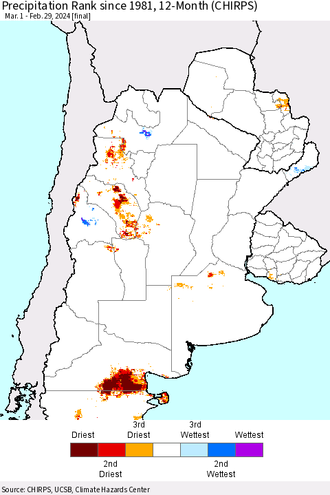 Southern South America Precipitation Rank since 1981, 12-Month (CHIRPS) Thematic Map For 3/1/2023 - 2/29/2024