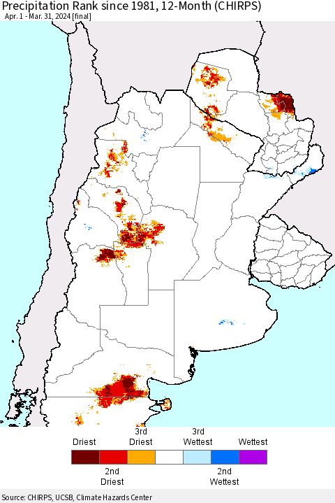 Southern South America Precipitation Rank since 1981, 12-Month (CHIRPS) Thematic Map For 4/1/2023 - 3/31/2024