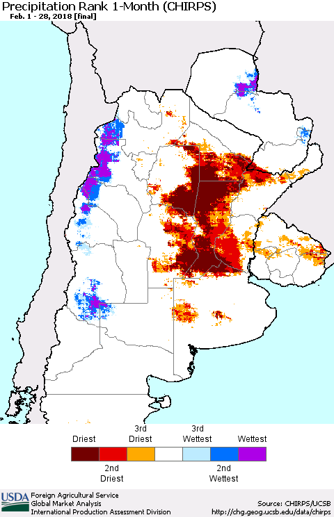 Southern South America Precipitation Rank since 1981, 1-Month (CHIRPS) Thematic Map For 2/1/2018 - 2/28/2018