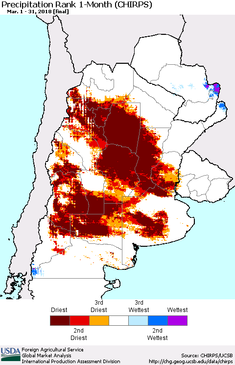Southern South America Precipitation Rank since 1981, 1-Month (CHIRPS) Thematic Map For 3/1/2018 - 3/31/2018
