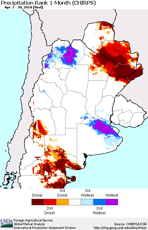 Southern South America Precipitation Rank since 1981, 1-Month (CHIRPS) Thematic Map For 4/1/2018 - 4/30/2018
